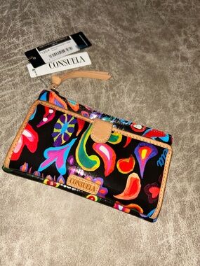 Consuela Sophie Black Multicolor Floral Print Wallet with Tan Leather Trim